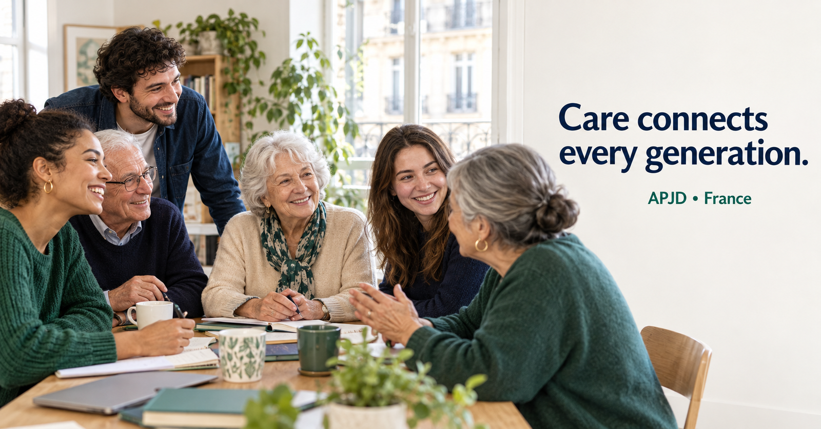 Illustrative scene of young people and older adults sharing ideas around a table